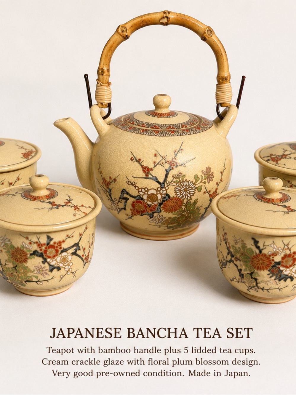 Vintage Japanese Bancha Tea Set Box Teapot 5 Lidded Cups Bamboo Handle